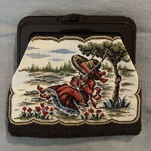 1960s Tapestry Needlepoint Coin Purse, Victorian Girl, Kiss Clasp